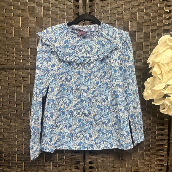 J. Crew Liberty London Blue Floral Ruffled Yoke Blouse Size Small - Picture 2 of 9